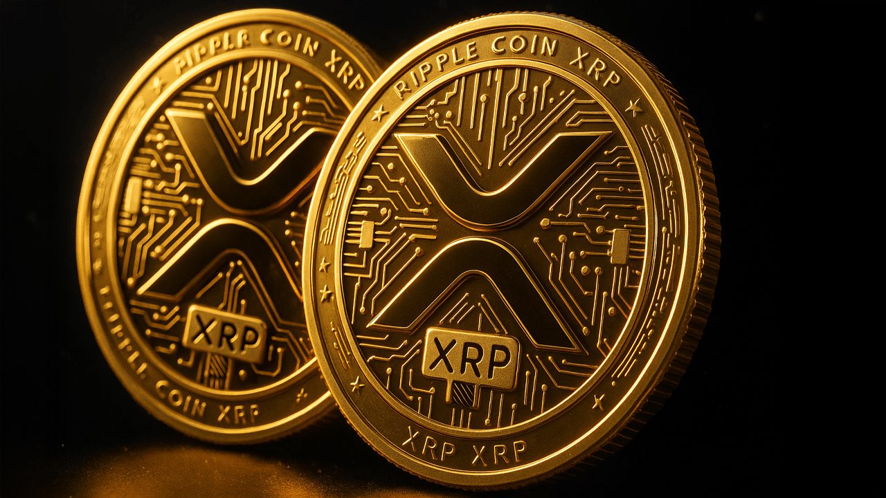 İki adet Ripple Coin XRP parası, altın rengi ve devre kartı desenleriyle tasarlanmış.